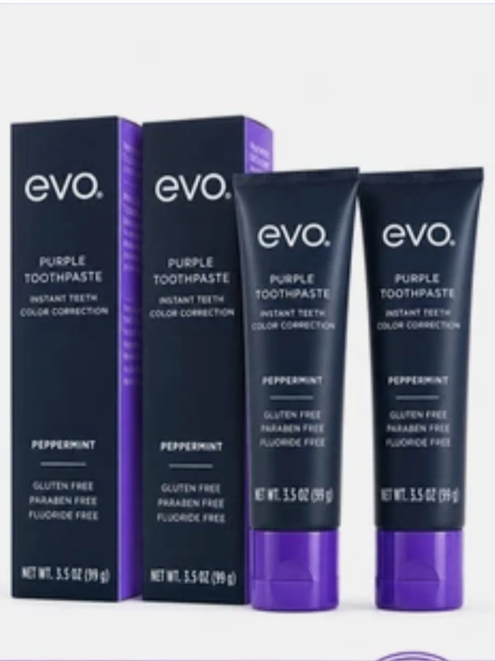 2 PACK NIB!  EVO Purple Toothpaste Peppermint - Instant Teeth Color Correction